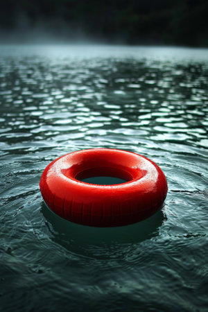 A red ring floating in the water near a foggy shore, AIの素材