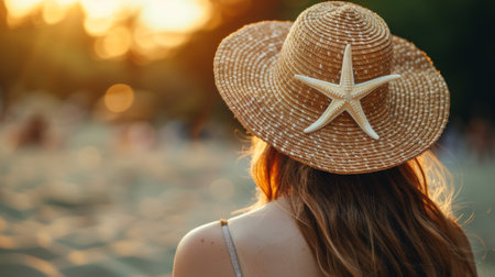 A woman wearing a straw hat with starfish on it, AIの素材
