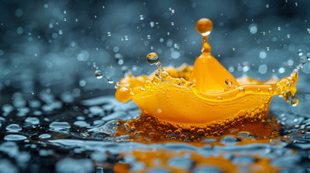 An orange juice is splashing out of a cup onto the water, AIの素材