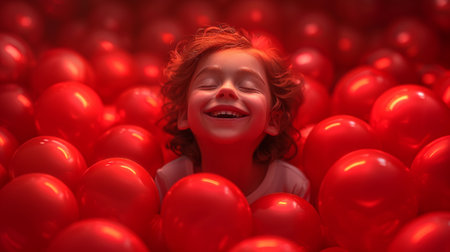 A little girl smiling in a sea of red balloons, AIの素材