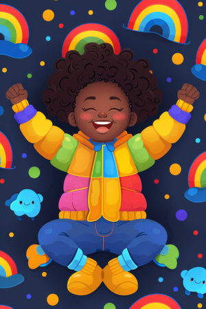 A cartoon of a little girl with her arms up in the air, AIの素材