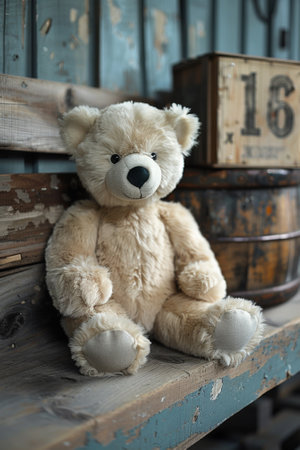 A teddy bear sitting on a wooden bench next to an old clock, AIの素材
