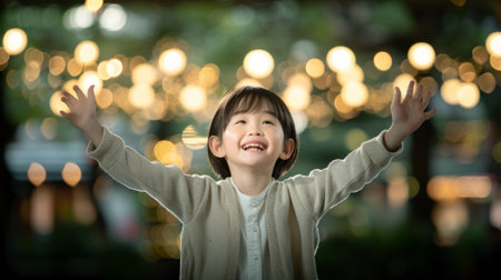 A little girl with arms outstretched in front of a blurred background, AIの素材