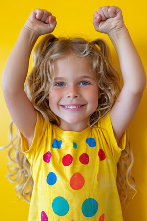 A little girl with long blonde hair smiling and holding up her arms, AIの素材