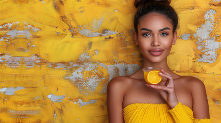 A woman in a yellow dress holding an orange drink, AIの素材