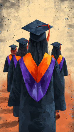 A group of graduates in graduation gowns walking down a road, AIの素材