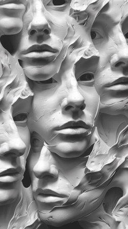 A black and white photograph of a bunch of faces, AIの素材