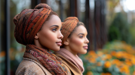 Two women in head scarves standing next to each other, AIの素材