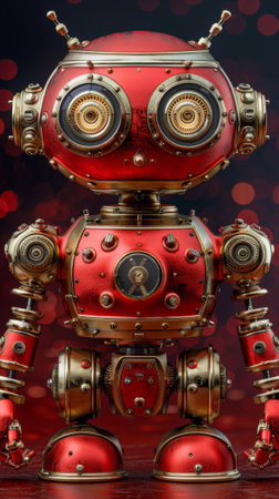 A red robot with gold eyes and a shiny metal body, AIの素材