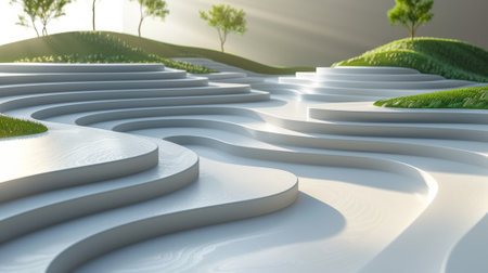 A 3d rendering of a landscape with white curving lines and trees, AIの素材