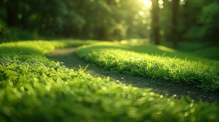 A dirt road in the middle of a lush green field, AIの素材