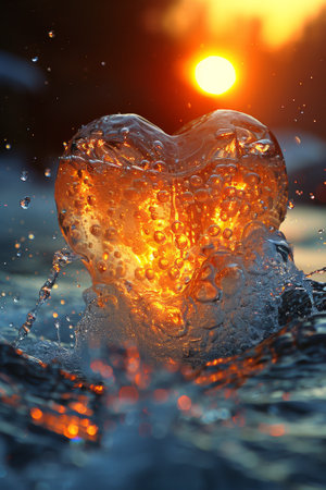 A heart shaped object in water with sun setting behind it, AIの素材