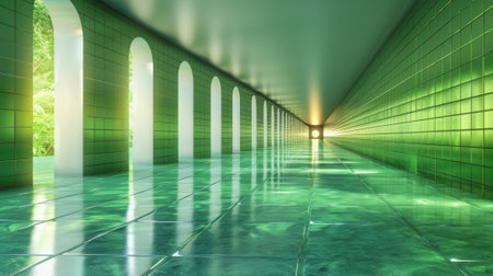A long hallway with green tiles and white arches, AIの素材