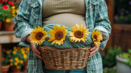 A pregnant woman holding a basket of sunflowers in her hands, AIの素材