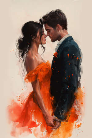 A painting of a man and woman in an orange dress, AIの素材