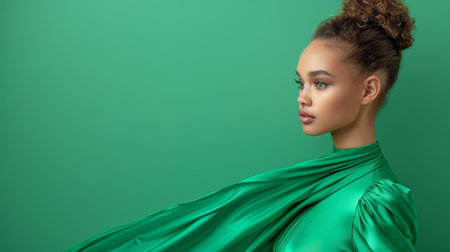 A woman with a green dress and curly hair posing, AIの素材