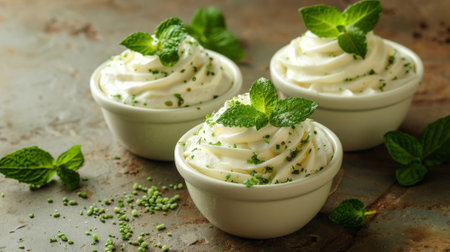 Three small cups of whipped cream with mint leaves on top, AIの素材