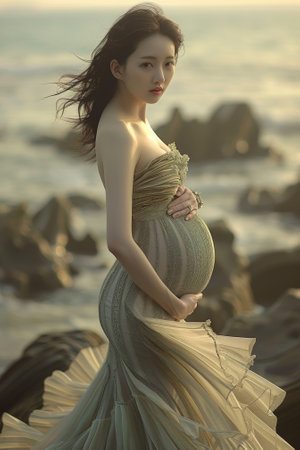 A pregnant woman in a dress standing on rocks by the ocean, AIの素材