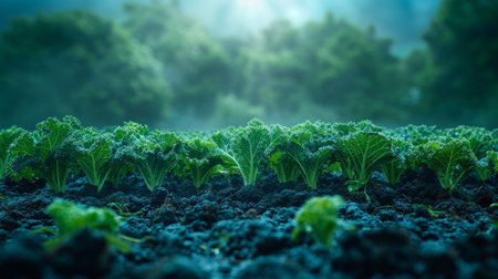 A field of green plants with sun shining through the trees, AIの素材