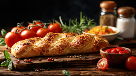 A table with bread, tomatoes and other ingredients for a meal, AIの素材