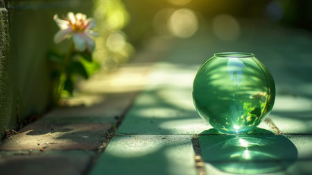 A green glass vase sitting on a tiled floor next to some flowers, AIの素材