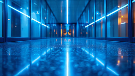 A long hallway with blue lights and glass walls, AIの素材