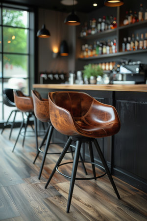 A row of chairs in a bar with wooden counter tops, AIの素材