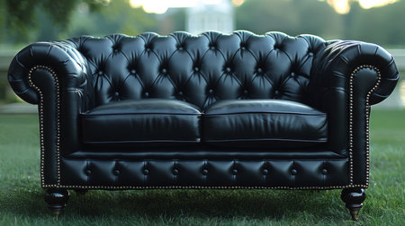 A black leather couch sitting in a grassy field, AIの素材