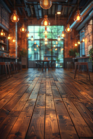 A large room with a wooden floor and lots of lights, AIの素材