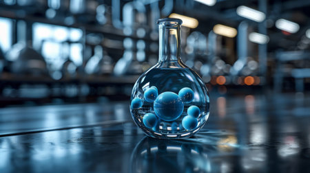 A glass bottle with blue balls inside of it sitting on a table, AIの素材