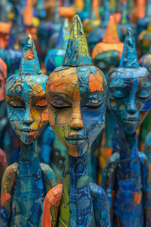 A group of colorful statues are grouped together in a row, AIの素材