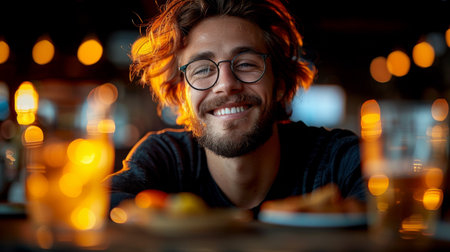A man with glasses smiling at the camera in a restaurant, AIの素材