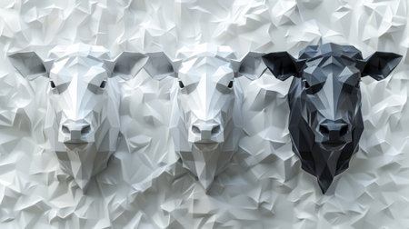 Three low poly cows are made out of paper and placed on a wall, AIの素材