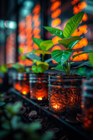 A row of mason jars with plants in them sitting on a shelf, AIの素材