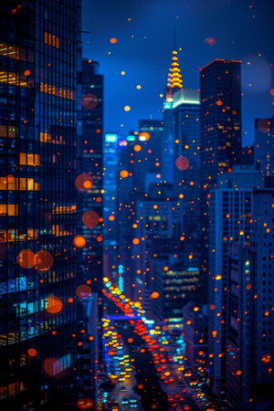 A city skyline lit up at night with lots of lights, AIの素材