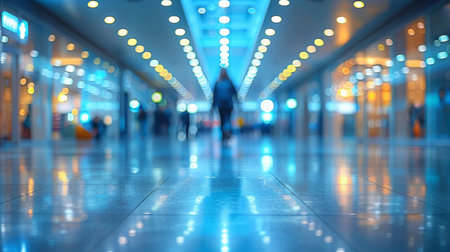 A person walking down a blurred hallway with lights shining on the floor, AIの素材