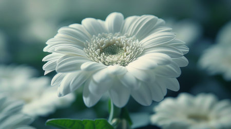 A close up of a white flower with green leaves in the background, AIの素材