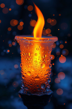A candle lit with a flame surrounded by water droplets, AIの素材