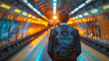 A man with a backpack standing in front of an empty train, AIの素材