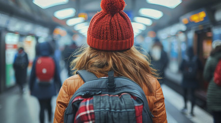 A woman with a red hat on walking down the subway, AIの素材