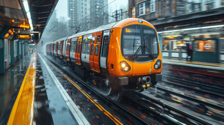 A train is traveling down the tracks in a city, AIの素材