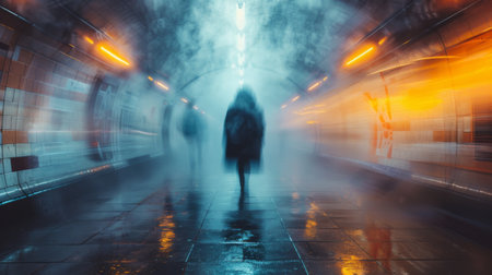 A person walking through a tunnel with fog and light, AIの素材