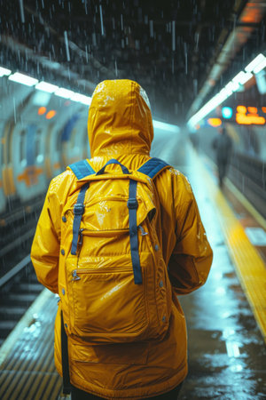 A person in yellow rain jacket standing on a train platform, AIの素材