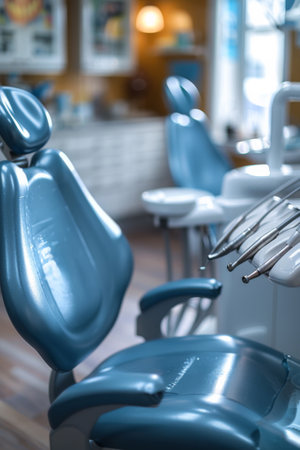 A dentists office with a blue chair and dental tools, AIの素材
