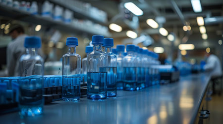A row of blue bottles on a counter with some people in the background, AIの素材