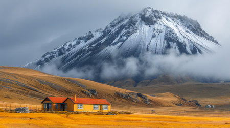 A small yellow house sitting in a field next to a mountain, AIの素材