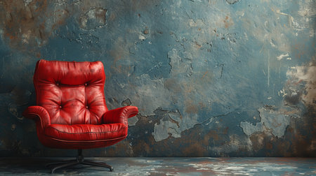 A red chair sitting in front of a blue wall with peeling paint, AIの素材