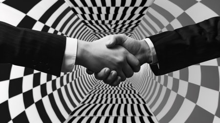 Two people shaking hands in a black and white photo, AIの素材