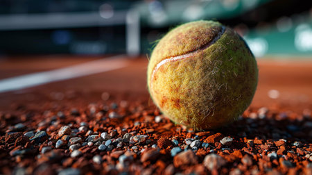 A tennis ball on a dirt court with some rocks, AIの素材