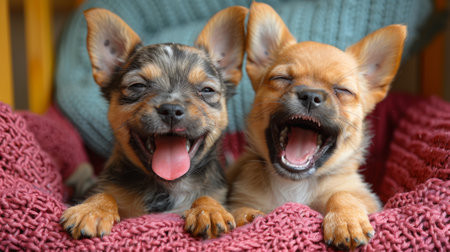 Two small dogs are laying on a bed with their mouths open, AIの素材